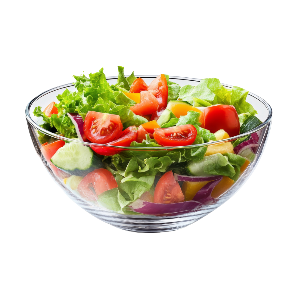 Fresh garden salad in a glass bowl featuring vibrant greens and colorful vegetables against a transparent background, Salad in glass bowl isolated on transparent background png