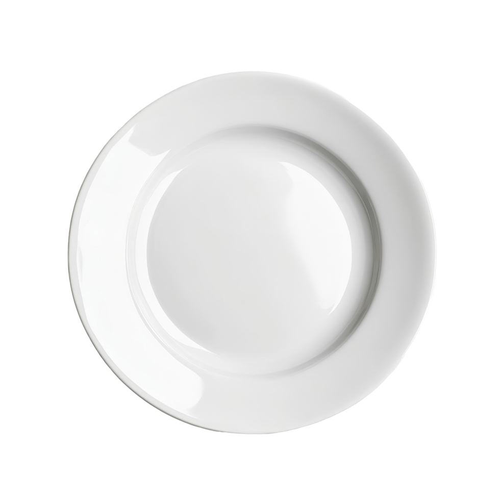 A simple empty transparent ceramic plate resting on a clean transparent background, perfect for serving or presentation, empty transparent ceramic plate on transparent background png
