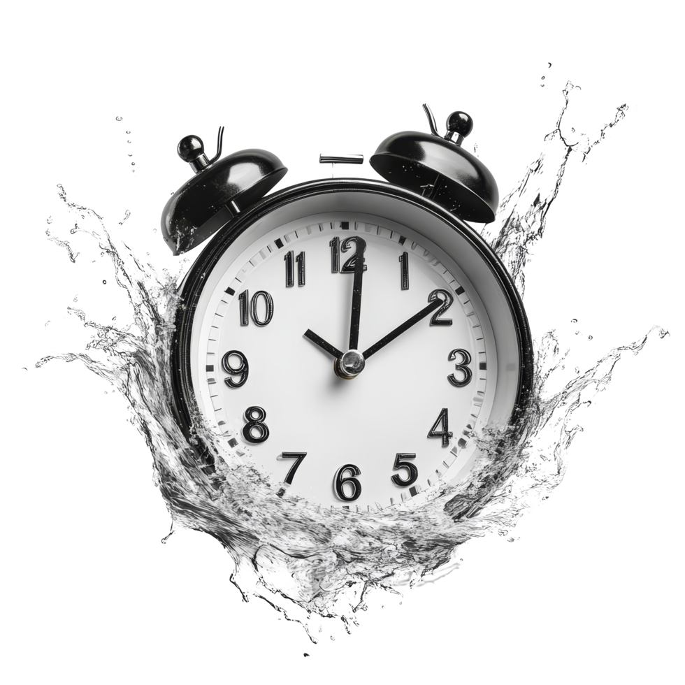 A clock sinks into water, illustrating the concept of time slipping away as the hands approach twelve, close to twelve time limit concept sinking clock isolated on transparent background png