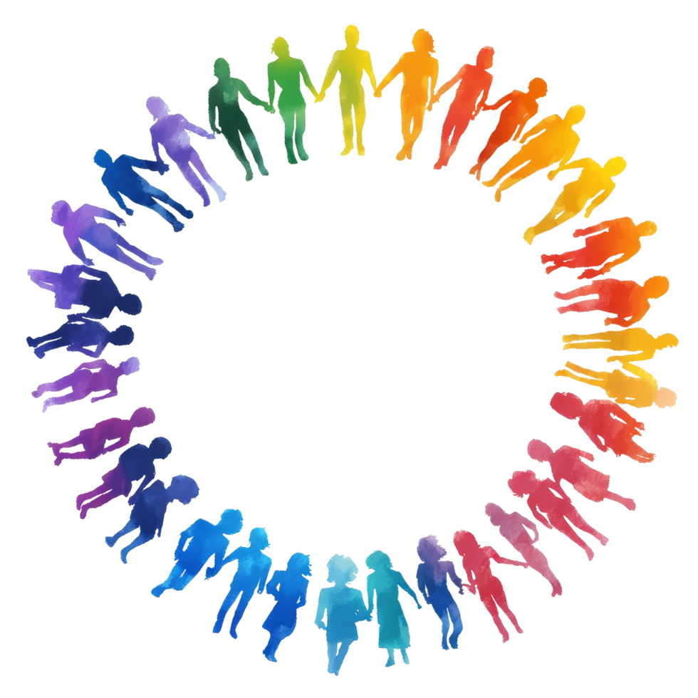 A vibrant representation of unity and diversity with colorful figures holding hands in a circle against a transparent background, Colorful Diversity Circle of People on transparent background png