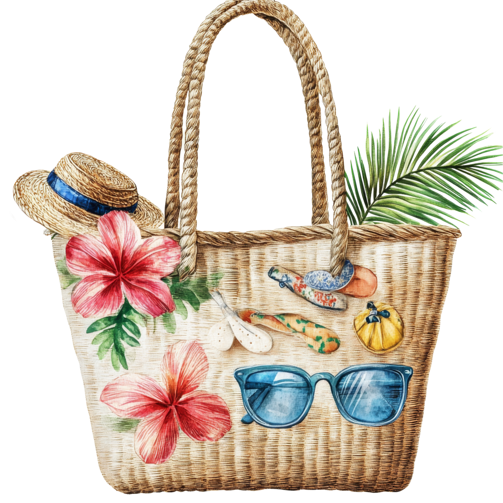 Stylish beach bag with accessories featuring tropical flowers and sunglasses perfect for summer outings, file no background Stylish beach bag with accessories png