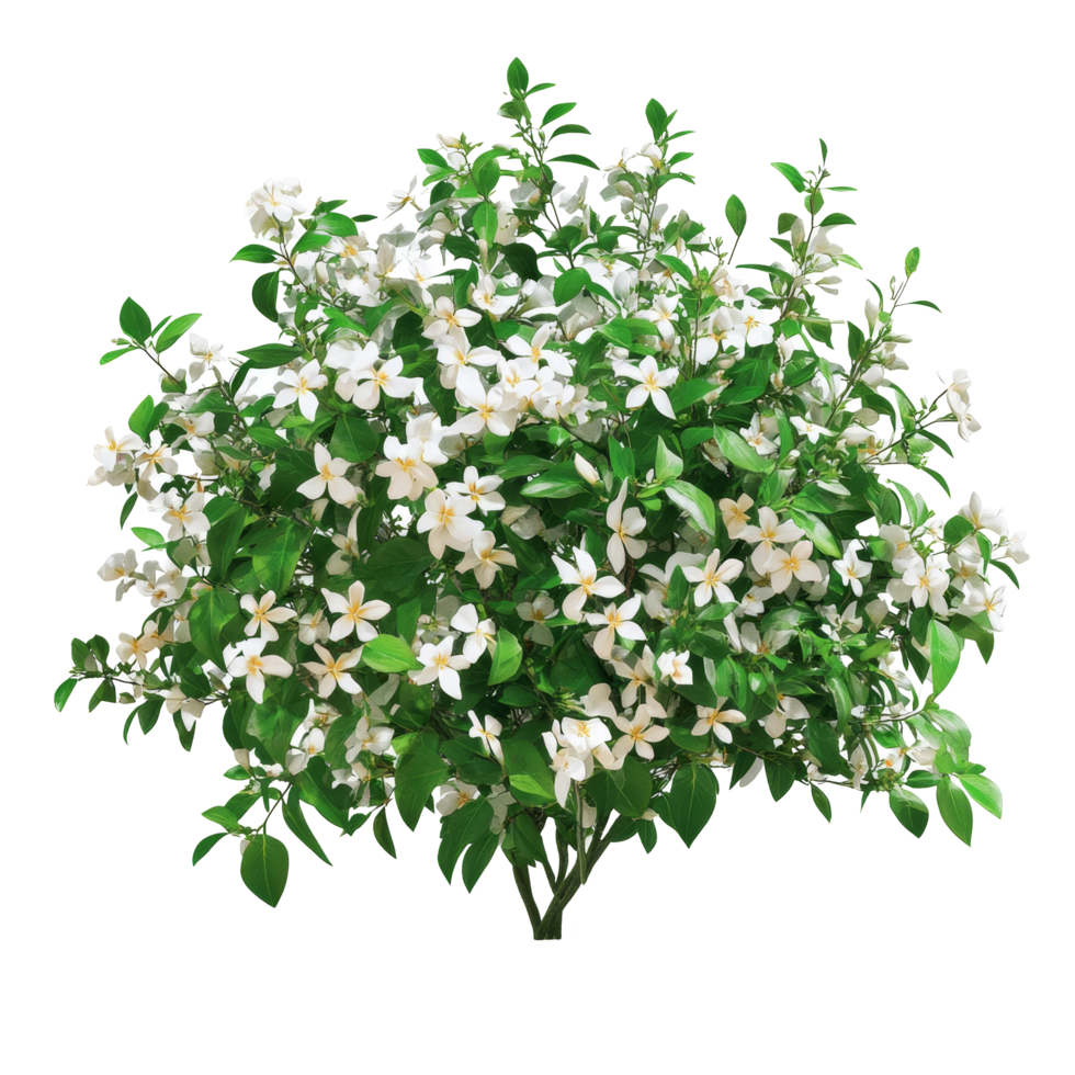 Beautiful jasmine flower bush with vibrant transparent blooms and lush green leaves, a bush of jasmine flowers, file of isolated object with shadow on transparent background png