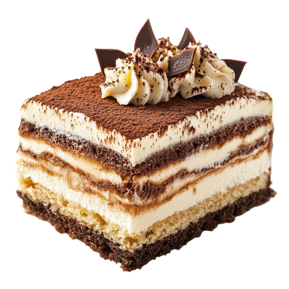 Deliciously decorated tiramisu cake with layers of coffee and mascarpone cream on a transparent background, Isolated decorated tiramisu cake on the transparent png