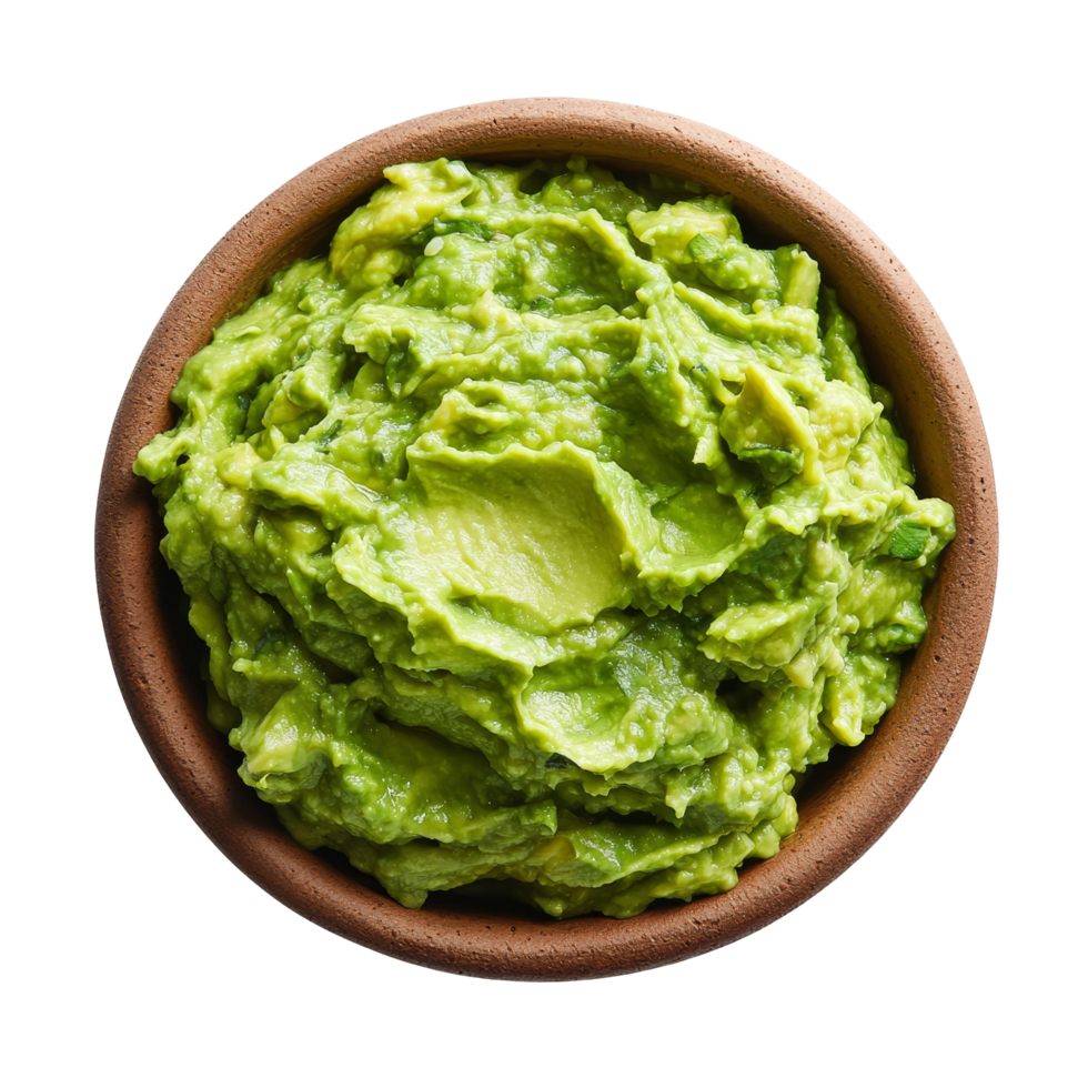 Top view of fresh guacamole in a rustic bowl on a clean transparent background, perfect for healthy snacks or meals, guacamole top view isolated on transparent background png
