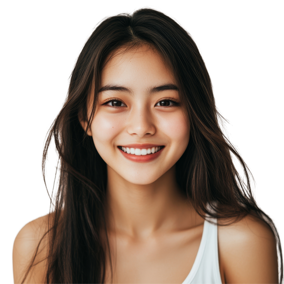 Joyful Asian girl smiles brightly at the camera in a simple indoor setting during daylight hours, Happy beautiful Asian girl looking at camera and smiling isolated on transparent background png