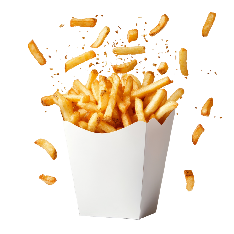 Delicious golden fries artfully bursting from a transparent paper box against a neutral background, French fries bursting out from transparent paper box png