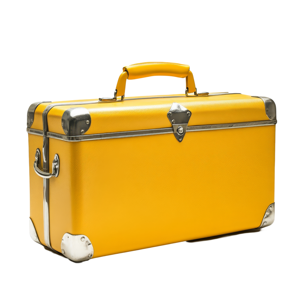 Bright yellow suitcase on a simple transparent background ready for travel or storage with durable metal accents, yellow suitcase on transparent background png