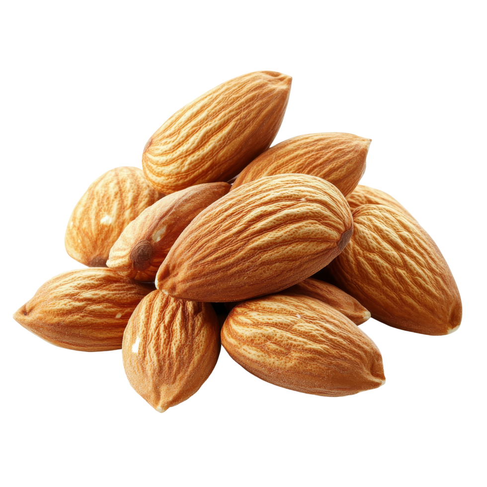 Fresh almonds stacked on a transparent background showcasing their natural texture and color, Almond nuts isolated on transparent background png