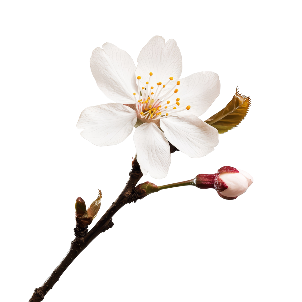 A single sakura blossom with budding flower against a transparent background on a tranquil day in springtime, of single sakura flower transparent background isolated on solid transparent background png