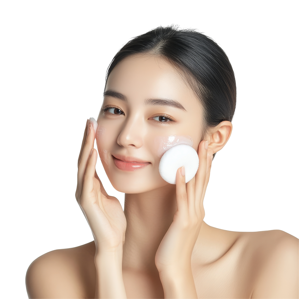 Beautiful young Asian woman engaging in facial cleansing routine in a studio setting during the daytime, Studio shot Beautiful young Asian woman with clean fresh png