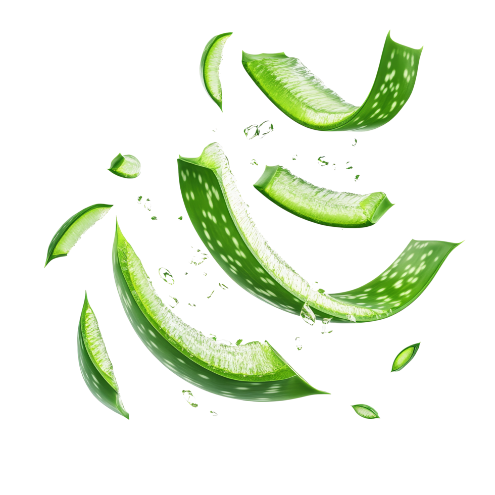 Aloe vera slices floating gracefully with droplets captured in a light and airy setting, Flying aloe vera slices isolated png