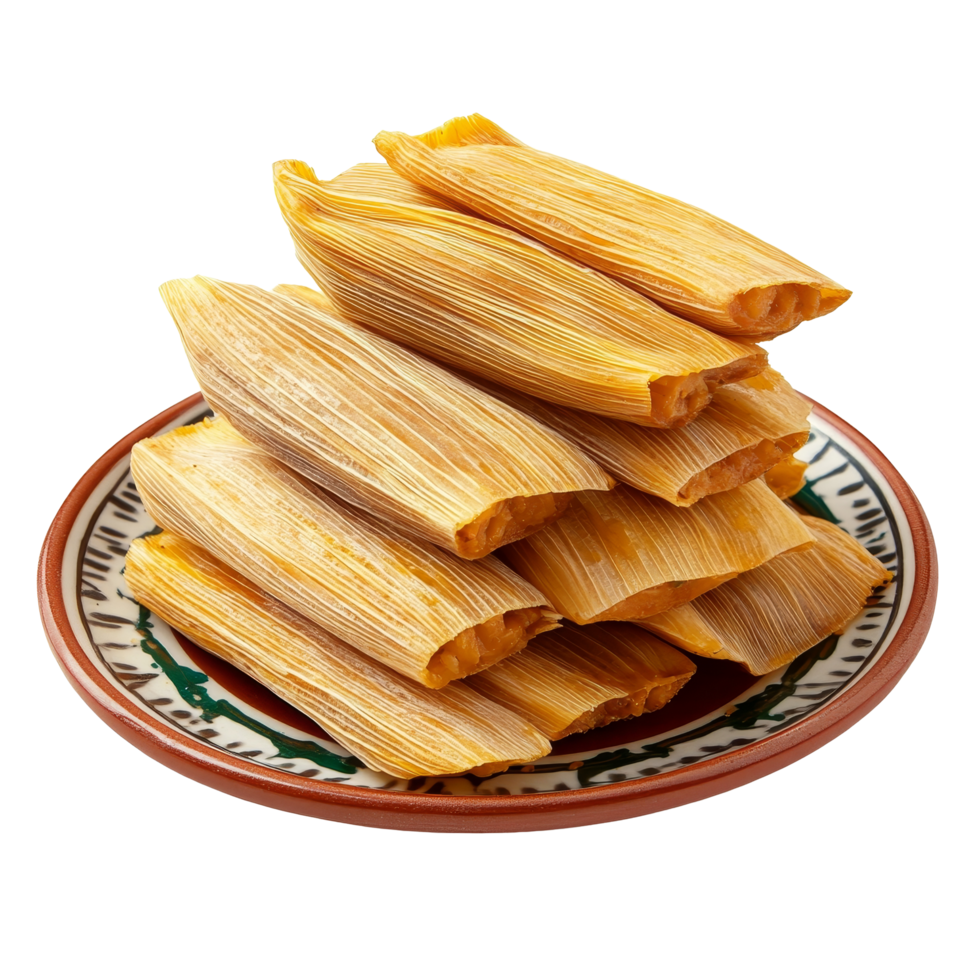 Delicious tamales stacked on a traditional Mexican plate, perfect for any meal, a stack of tamale on traditional mexican plate isolated on transparent background png