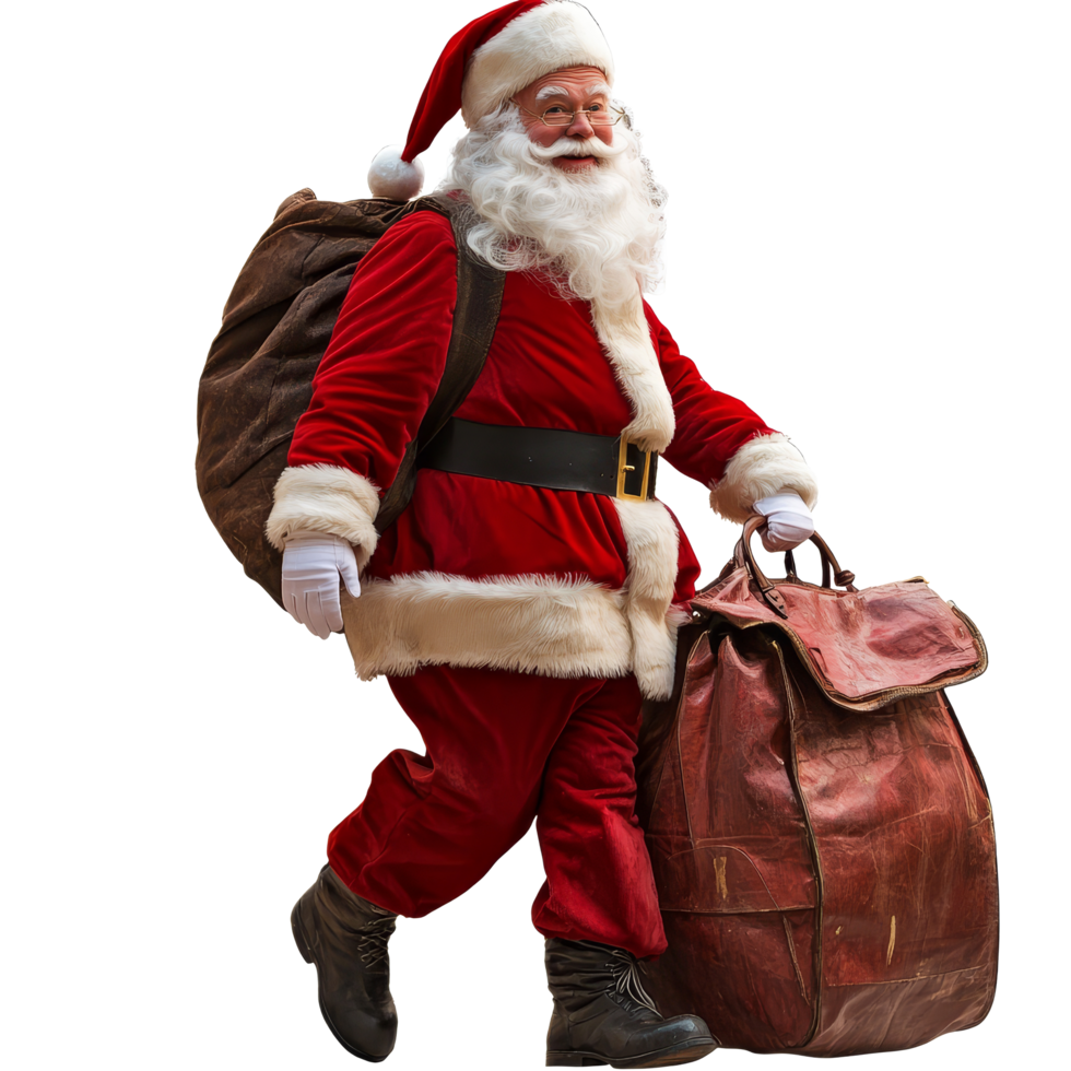 Santa Claus happily traveling with large bags as he prepares for holiday deliveries during festive season, file no background Travelling Santa Claus leaving with a trolley bag png