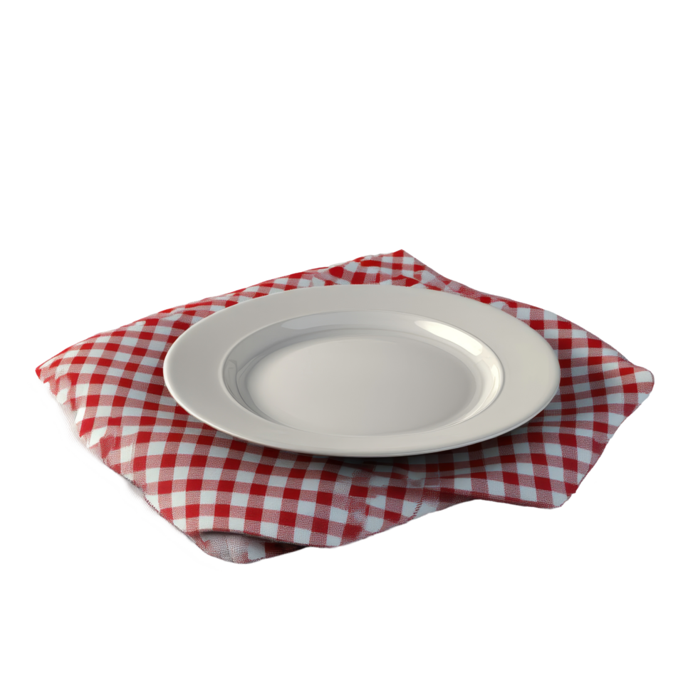 A simple transparent plate resting on a red and transparent checkered tablecloth on a transparent surface, plate on tablecloth on transparent backgroundfile png
