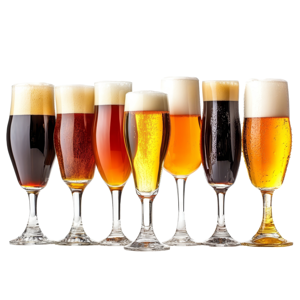 Various craft beer glasses in different colors and styles arranged on a transparent background for an appealing presentation of unique brews, Craft Beer Glasses On transparent background png