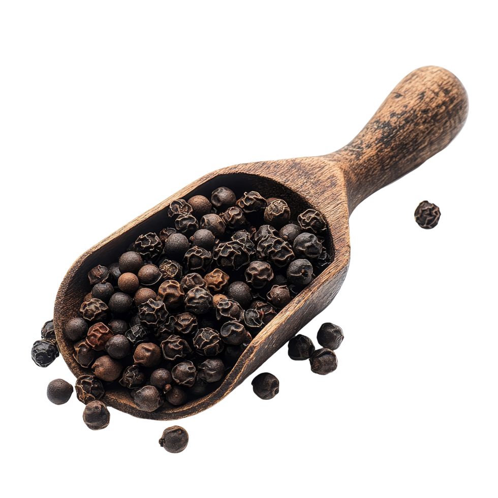 A wooden scoop filled with black peppercorns isolated on a clean transparent background, highlighting culinary spices, peppercorn in scoop isolated on transparent background png