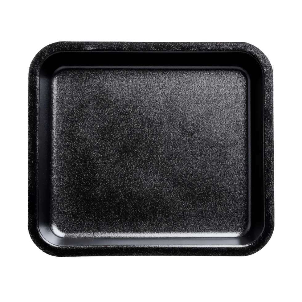 Black foam tray placed on a transparent background showcasing its smooth texture and design features, black foam tray on transparent background png