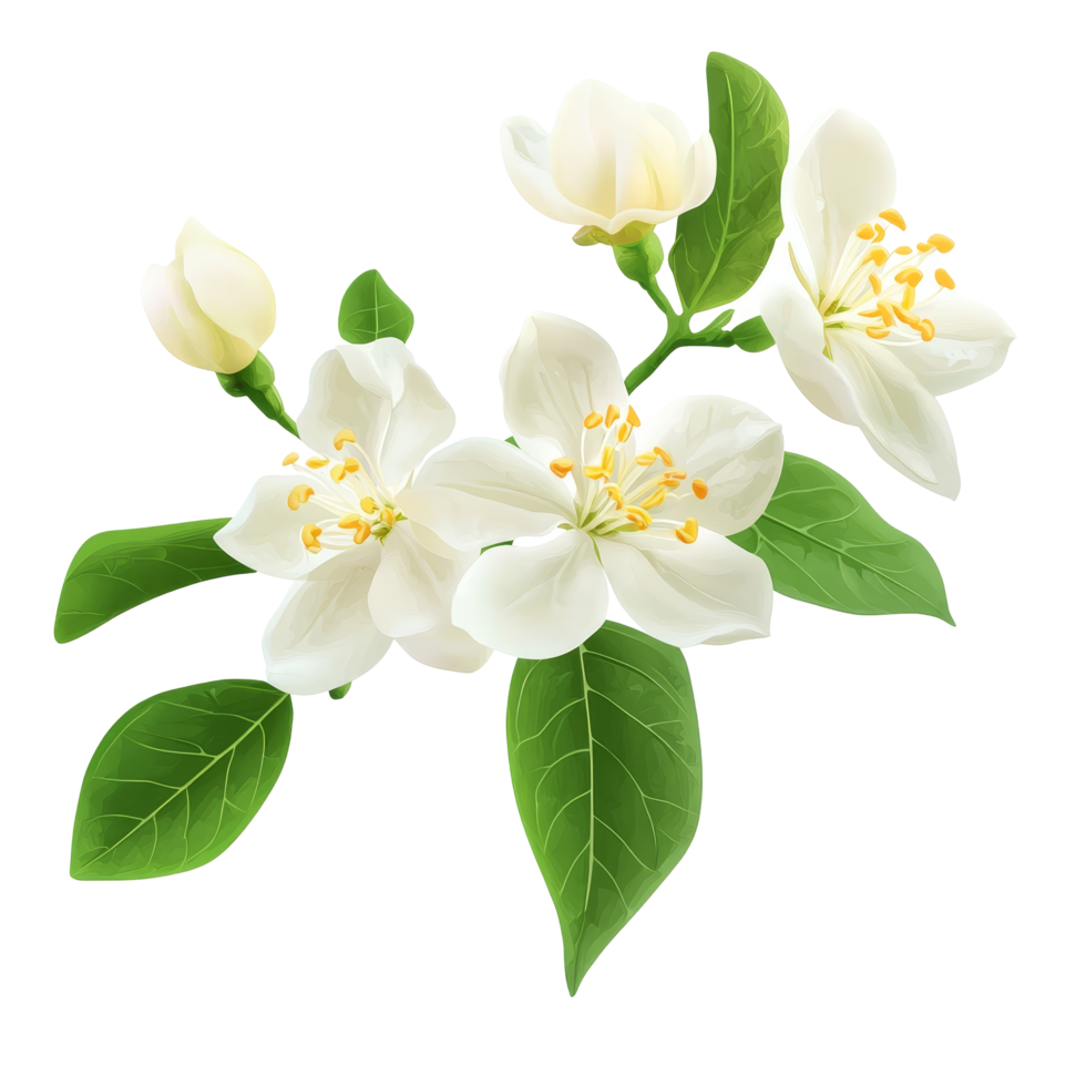Delicate jasmine flowers with green leaves isolated on a clean transparent background for decorative use, jasmine flowers isolated on transparent background png