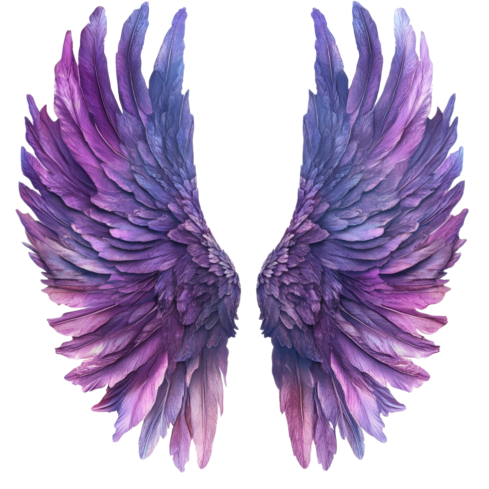 Elegant purple angel wings on a pristine transparent background showcasing intricate feather details, Purple Angel Wings Isolated transparent background png