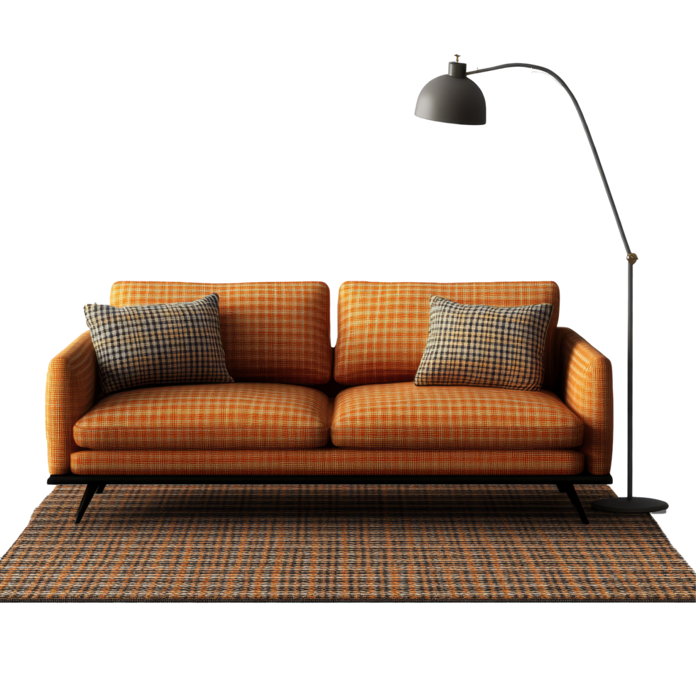Midcentury sofa with decorative pillows and a stylish floor lamp in a cozy living room setting, Midcentury sofa with pillow rug and floor lamp, transparent background png