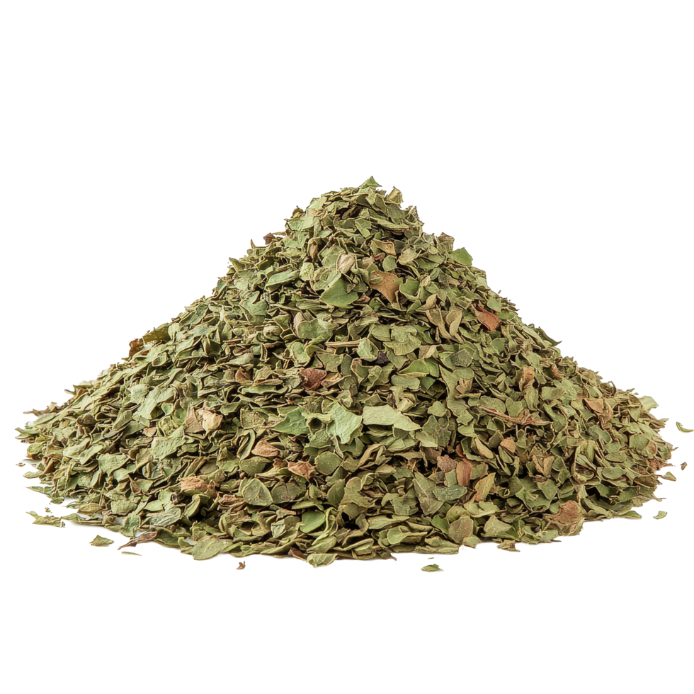 A detailed view of a dense pile of dried oregano leaves on a clean transparent background, Pile of dried oregano leaves isolated on transparent background png