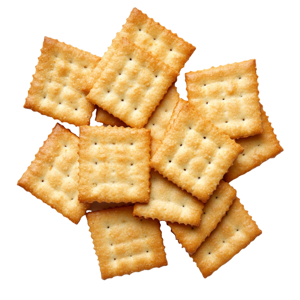 A delicious assortment of crispy crackers arranged in a scattered formation on a plain transparent background, Crackers isolated on transparent backgroundfile png