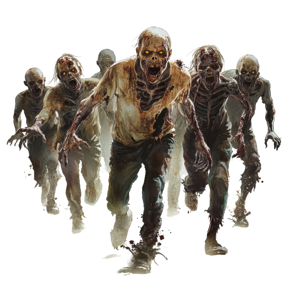 A group of terrifying zombies in tattered clothing advancing against a stark transparent background in a haunting setting, Scary zombies on transparent background png