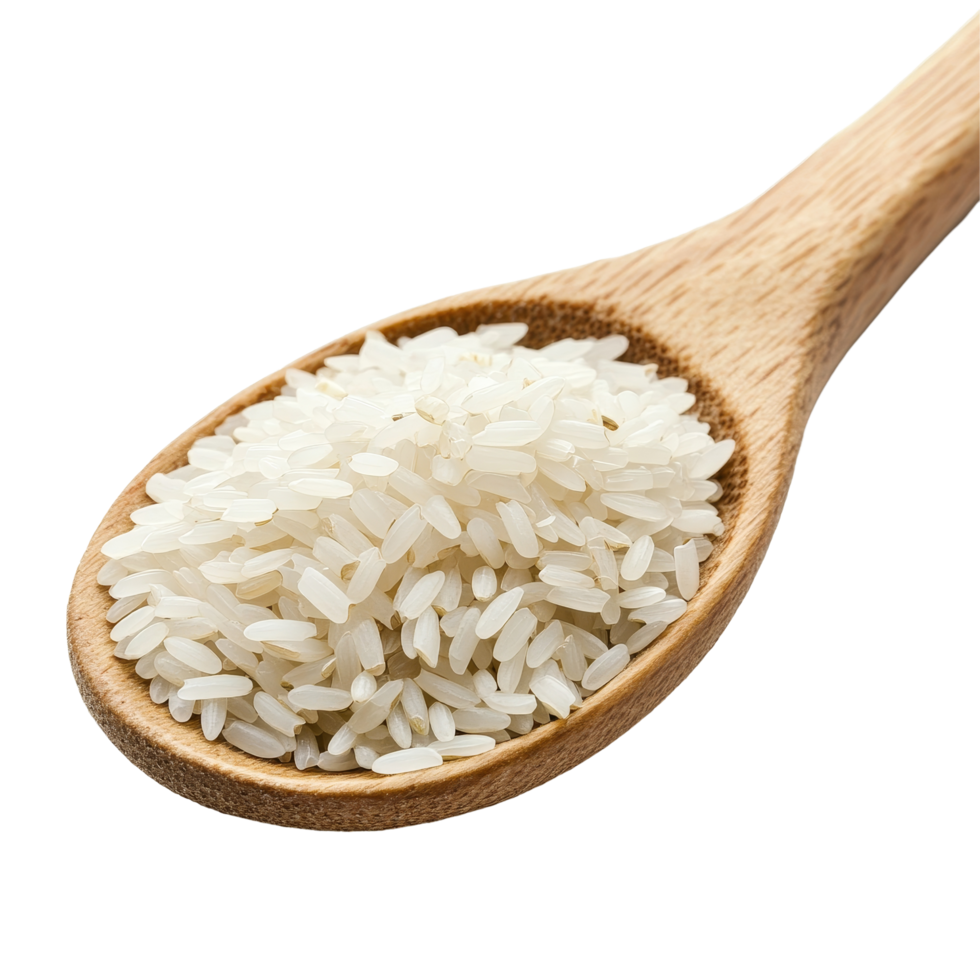 A wooden spoon holding uncooked rice on a clean transparent background for culinary and food presentation, Rice in wood spoon isolated on transparent background png