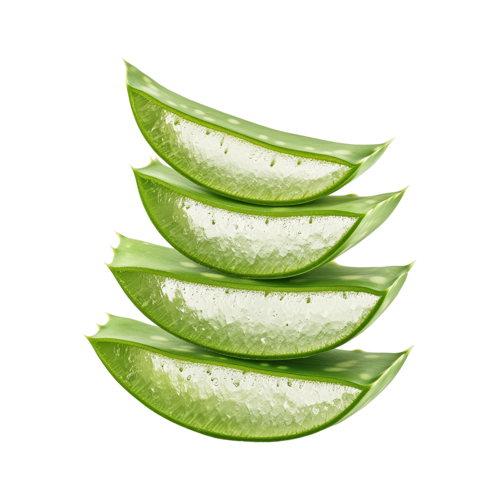 Fresh aloe vera slices stacked neatly against a transparent background, showcasing natural health benefits and beauty, Slices of fresh aloe vera plant stacked png