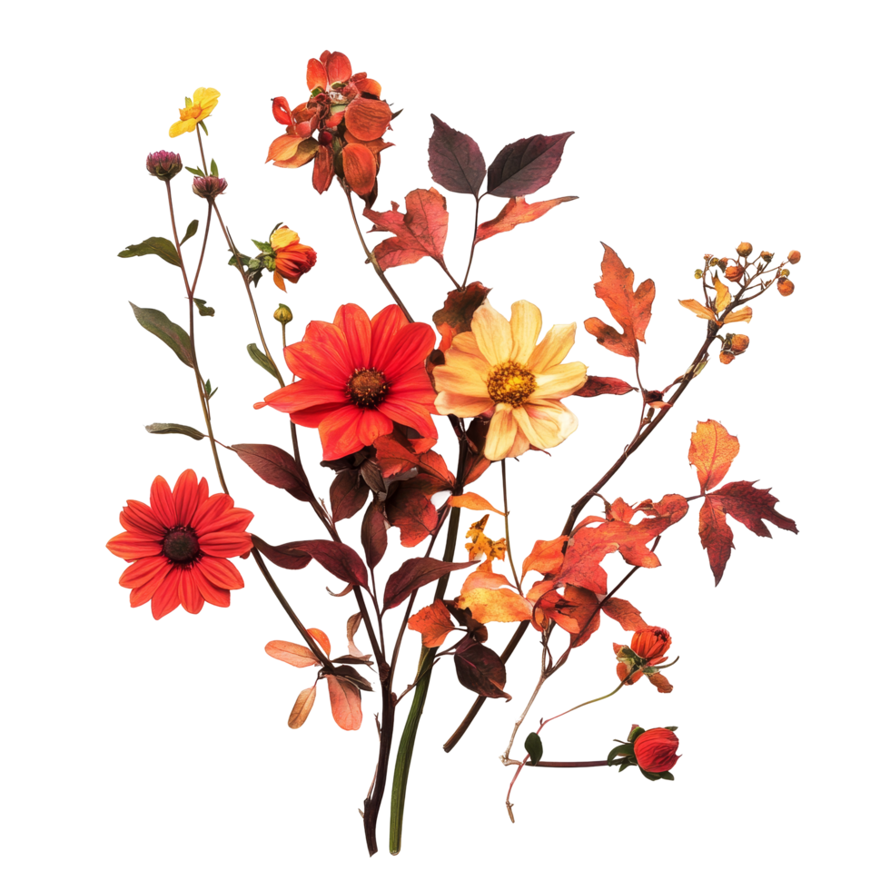 Autumn flowers with vibrant petals and falling leaves set against a transparent background for seasonal decor, featuring autumn flowers, isolated against a transparent background png