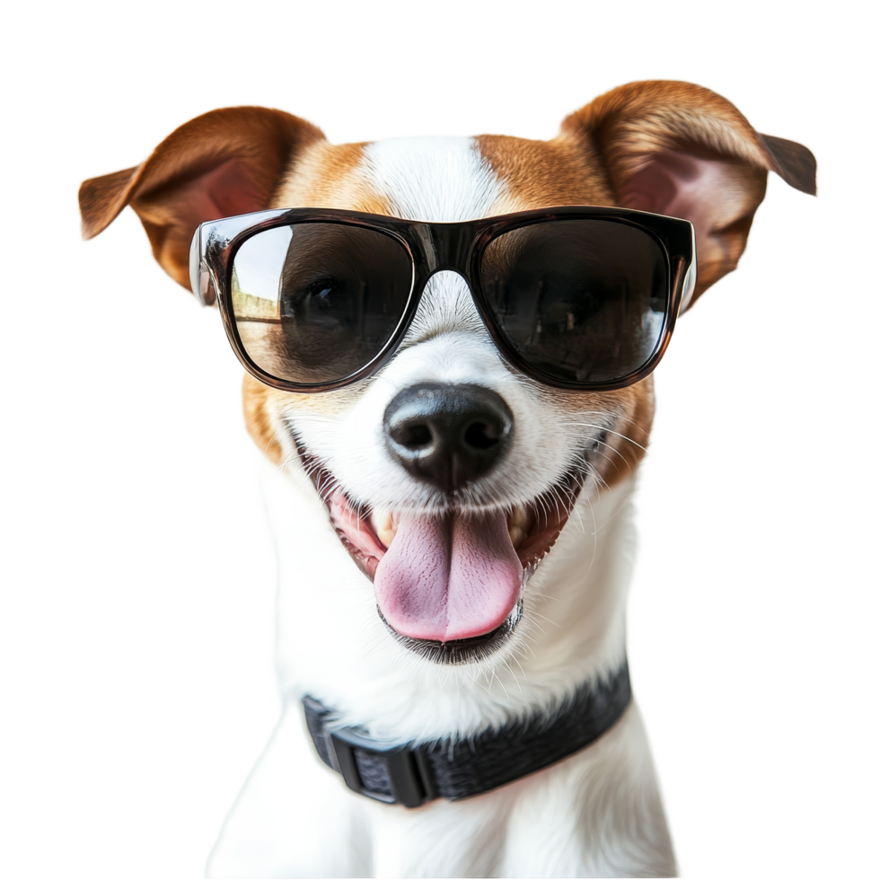 A cheerful dog wearing sunglasses poses against a transparent background, radiating joy and style in a playful moment, Funny happy dog wearing sunglasses transparent background png