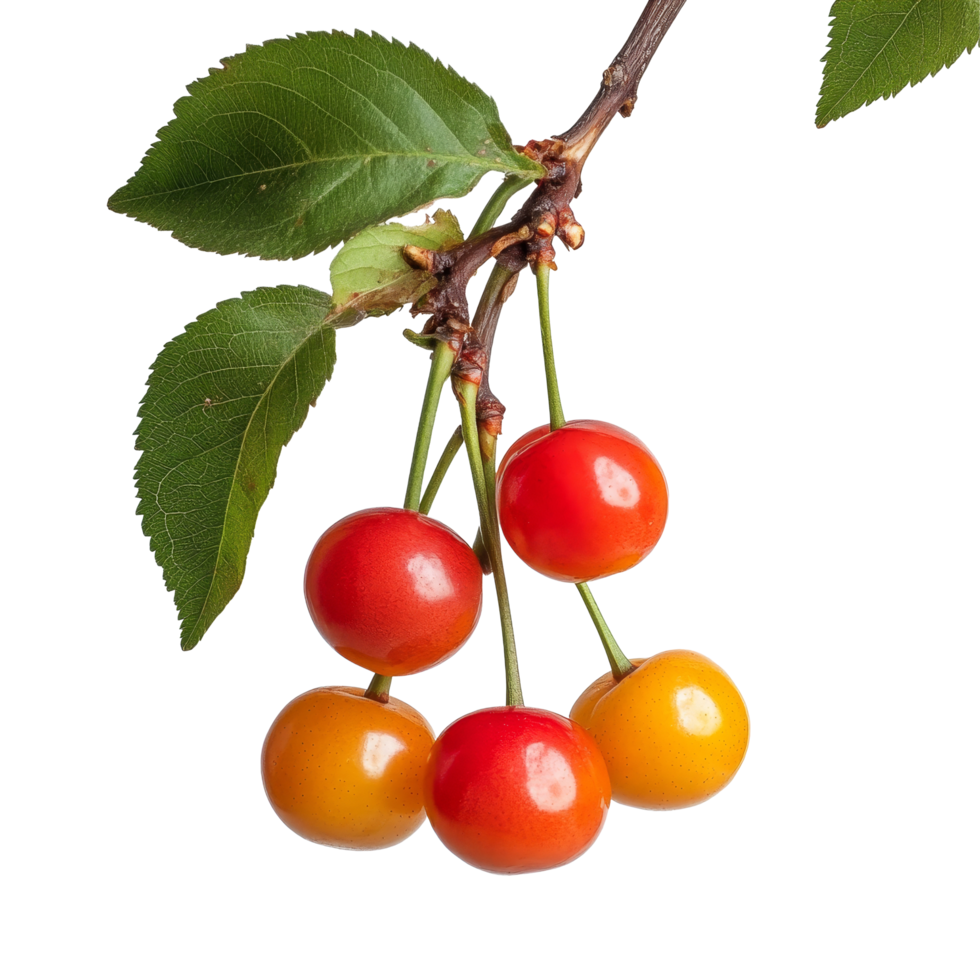 Fresh Barbados cherries hanging on a branch against a clean transparent background, Barbados cherry on transparent background png