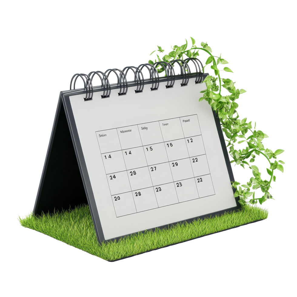 A modern table calendar with a grass base and plant detail, showcasing the month of June on a transparent background, table calendar 2024 may isolated on transparent background png