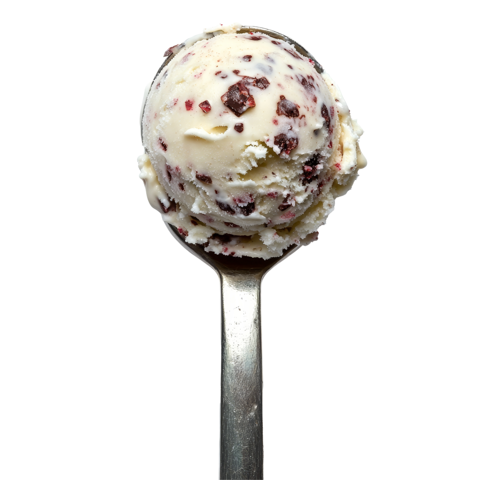 An inviting scoop of creamy ice cream with chocolate flakes on a silver spoon against a clean transparent background, ice cream scoop on transparent backgroundfile png