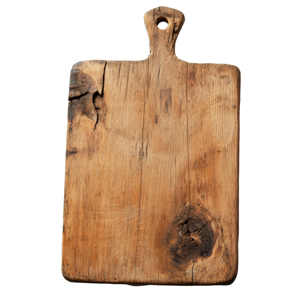 Isolated rustic wooden cutting board with a weathered surface and a unique grain pattern on a plain background, Isolated old dark wooden cutting board png