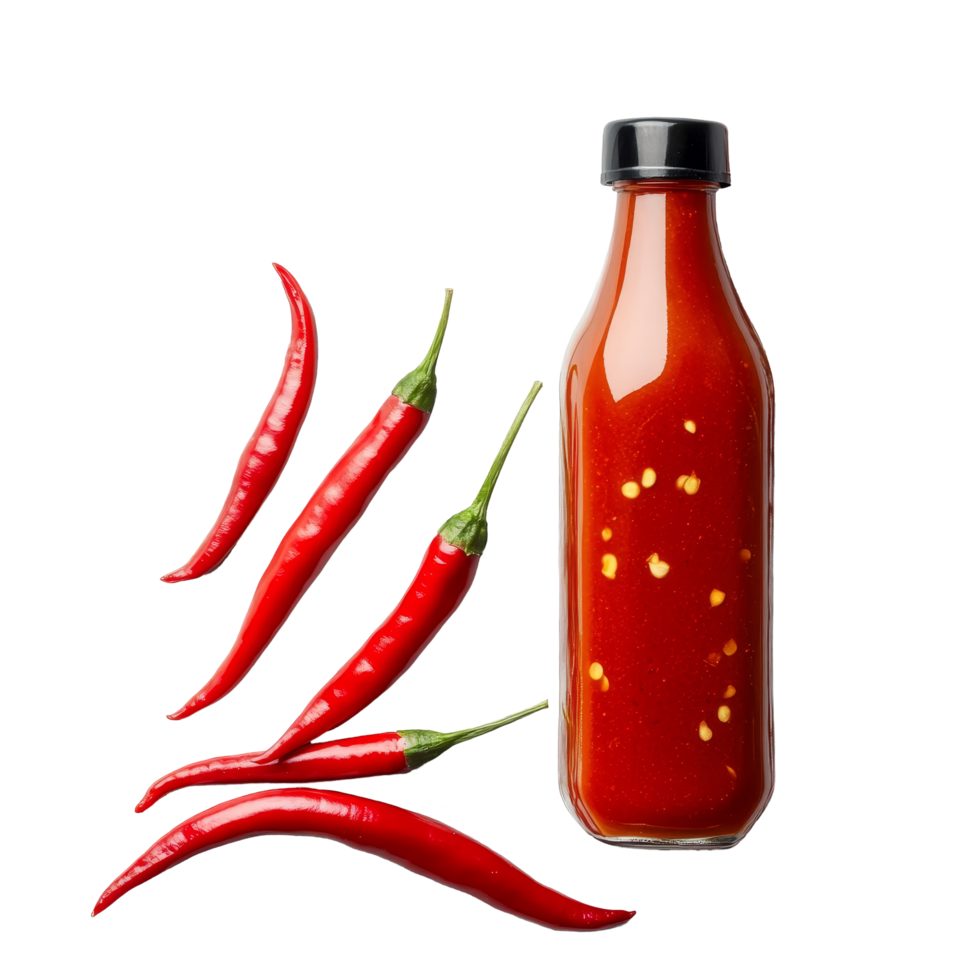 Fresh red chili peppers with hot sauce bottle arranged on a light background for culinary use and recipes, Red chili pepper with hot sauce png