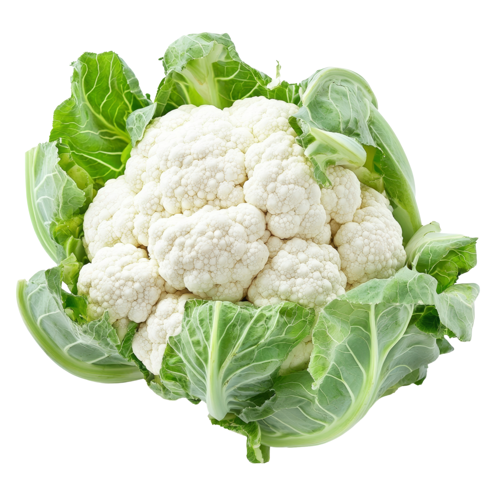 Fresh cauliflower surrounded by vibrant green leaves on a bright transparent background for healthy cooking, fresh cauliflower on transparent background png