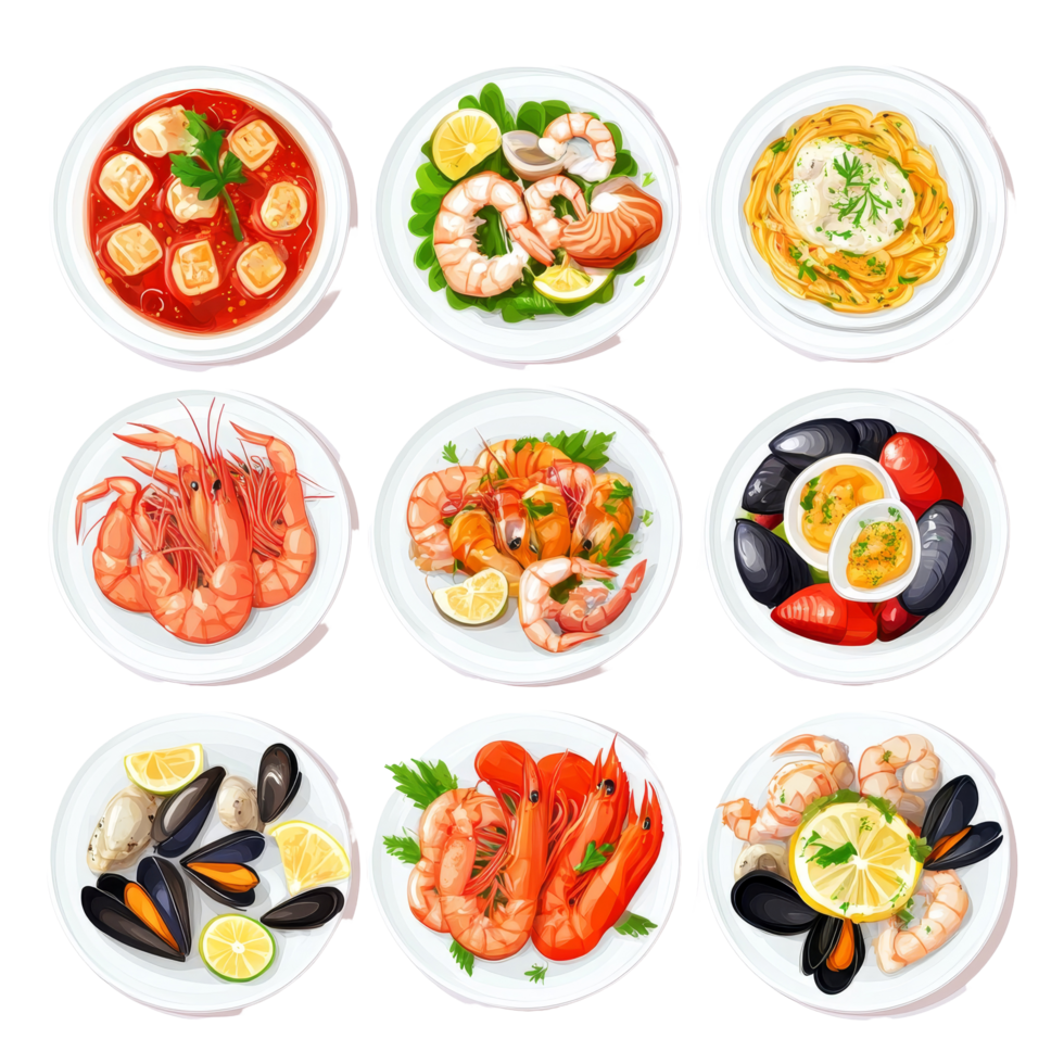 A delightful seafood platter featuring shrimp, squid, and mussels garnished with lemon and fresh herbs, plates with seafood cuisine dish, shrimps, squid, mussels, isolated on transparent background png