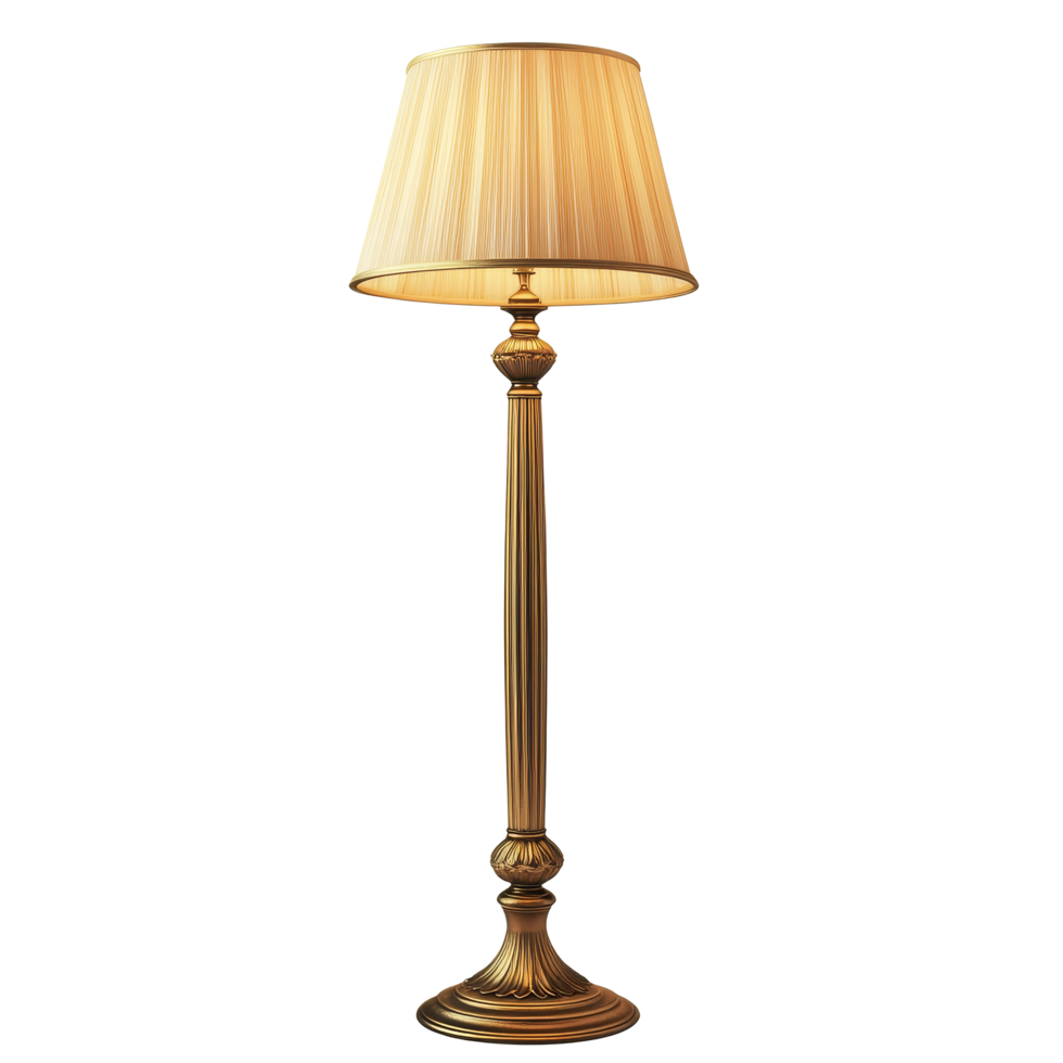 A stylish floor torchiere lamp features a decorative golden base and a softly pleated beige shade, floor torchiere lamp isolated on transparent background png