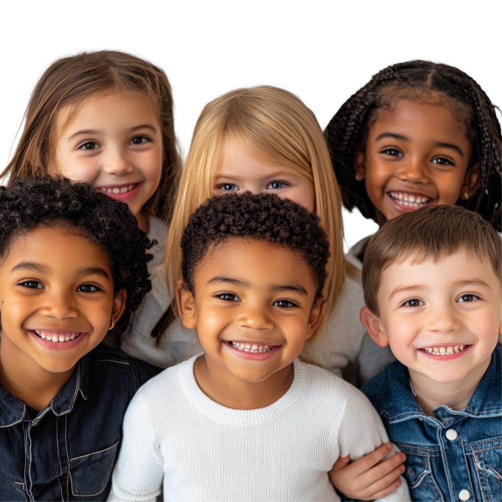 Happy group of diverse multiracial kids smiling together against a neutral backdrop during, diversity multiracial group of cheerful happy kidsfile of isolated object on transparent background png