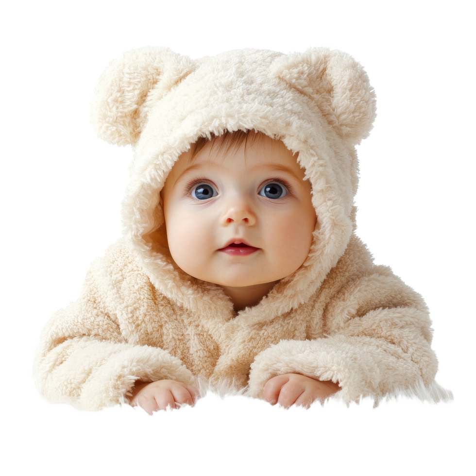 Cute baby wearing a cozy bear costume on a soft transparent background, Baby cos isolated on transparent background png