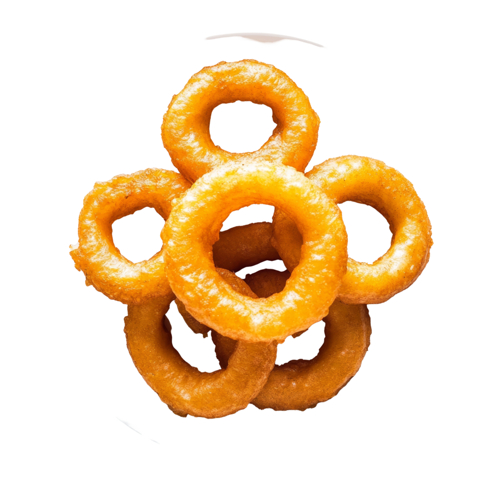 Delicious golden onion rings arranged neatly on a transparent plate against a bright backdrop, onion rings on a plate on transparent background png
