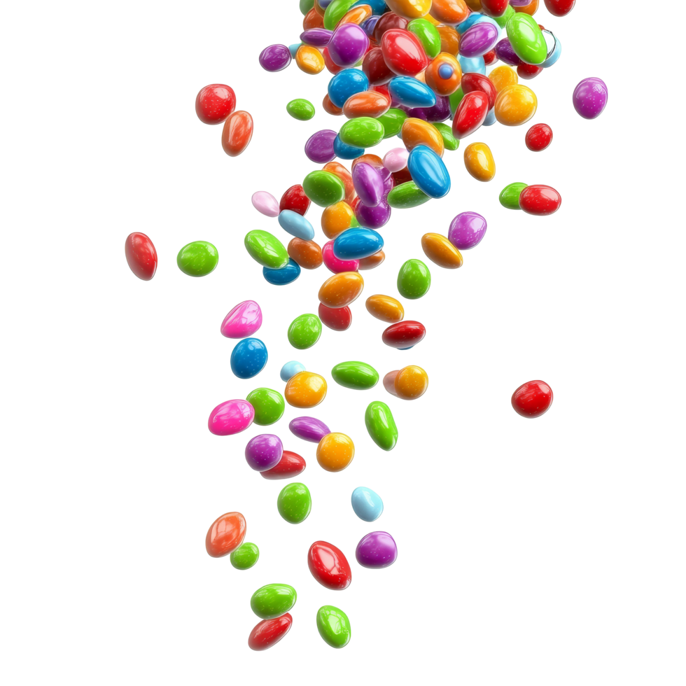 Colorful candies cascade gracefully against a stark transparent background, showcasing a delightful display in bright hues, colorful candies falling isolated on transparent background png