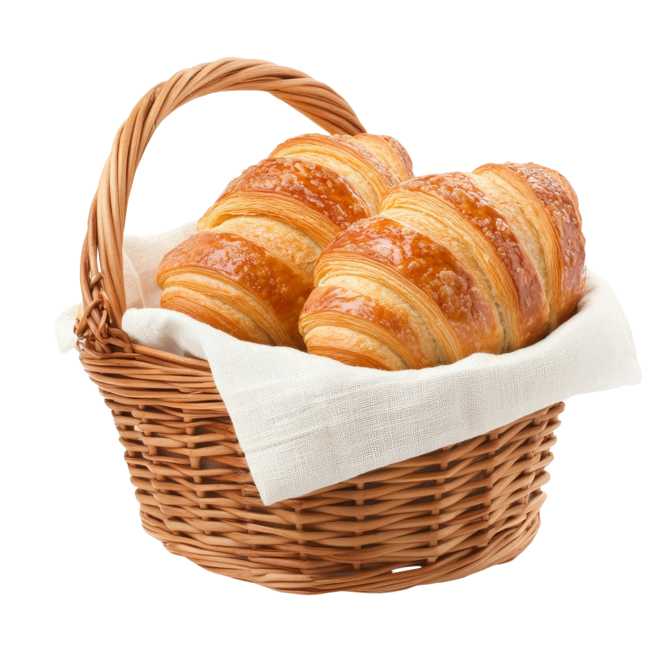 Freshly baked croissants resting in a basket lined with cloth on a bright transparent background for a delightful breakfast experience, Croissant in basket on transparent background png