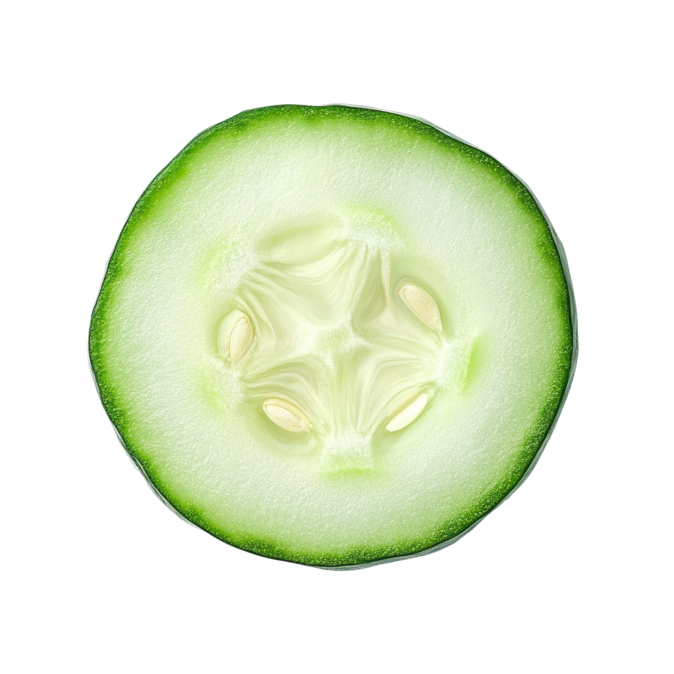 Freshly cut cucumber slice on a transparent background showcasing its natural color and texture, Fresh slice cucumber on transparent background png