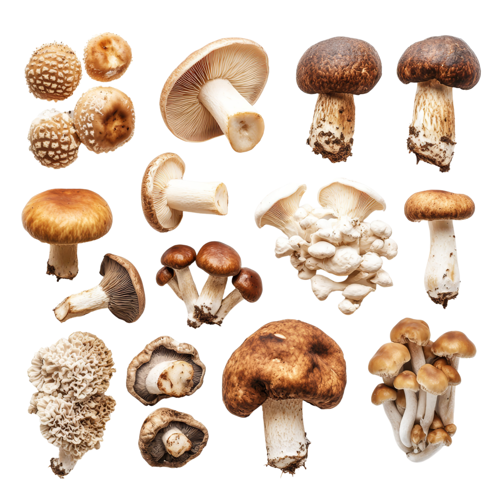 Fresh porcini and shiitake mushrooms on a transparent background, highlighting their unique shapes and textures, Various Mushrooms on transparent background Porcini, Shiitake, Fly Agaric, Morel png