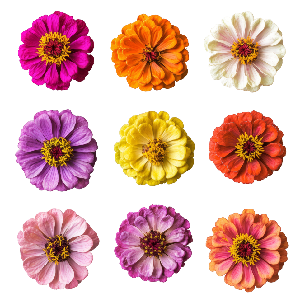 Colorful zinnia flowers displayed in various colors and angles on a clean transparent background, various zinnia single flower top view and with isolated on transparent background png