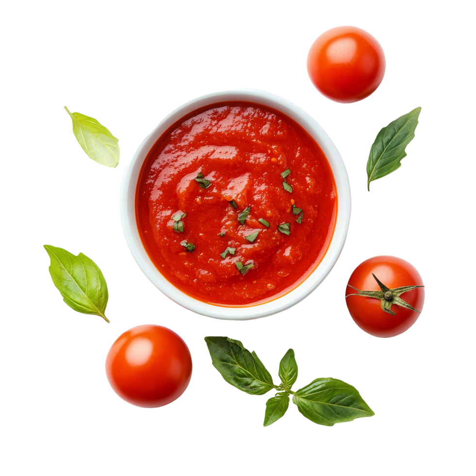 Fresh tomato sauce with ripe tomatoes and basil on a clean transparent background for culinary use, Tomato sauce and tomato on transparent background png