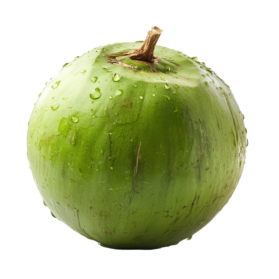 Fresh green coconut with water droplets showcasing tropical freshness against a clean transparent background, green coconut with water drop isolated on transparent background png