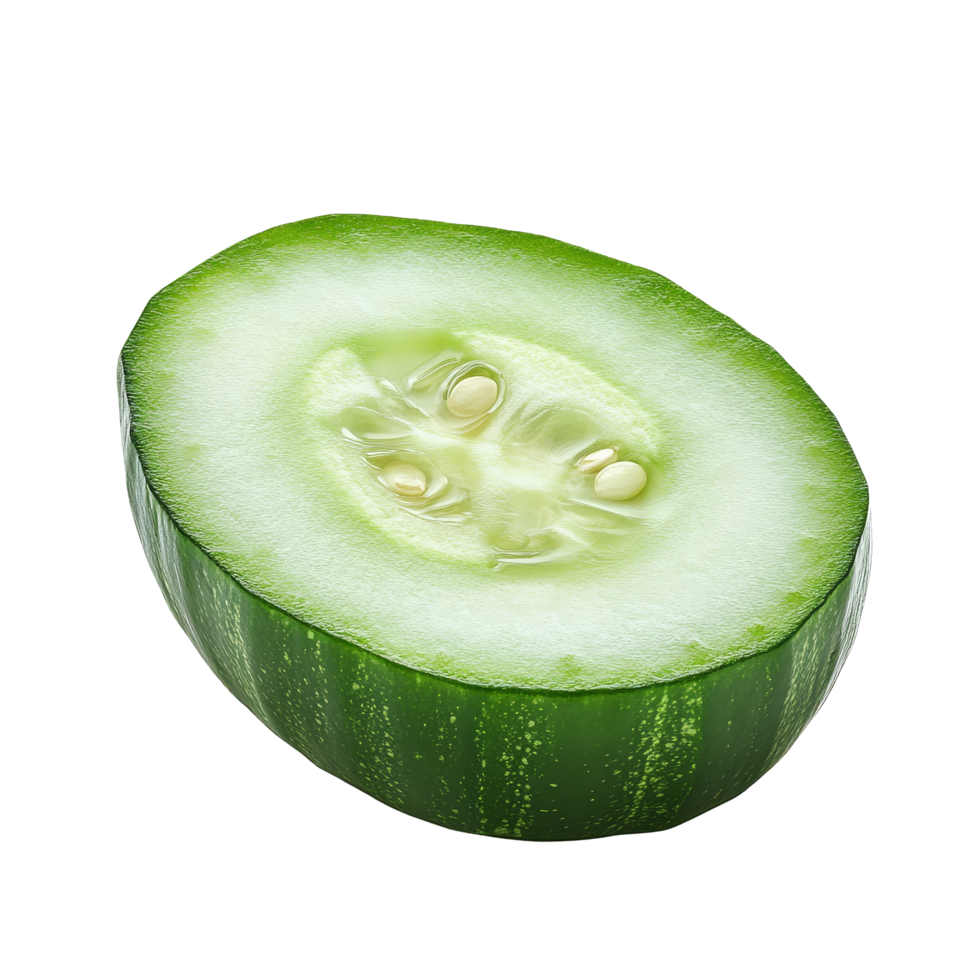 Fresh cucumber slice showcasing bright green skin and translucent flesh on a transparent background for culinary ideas, Fresh slice cucumber isolated on transparent background png